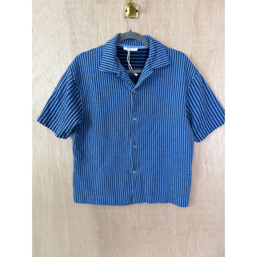 Zara Mens Blue Striped Short Sleeve Button Down Shirt Small Cotton Stretch